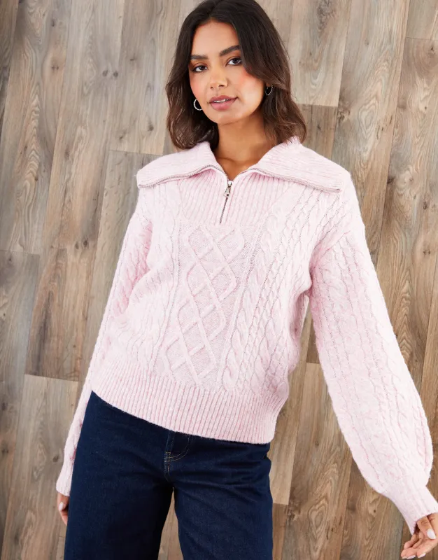 Pink Cable Knit Quarter Zip Jumper sold by Threadbare