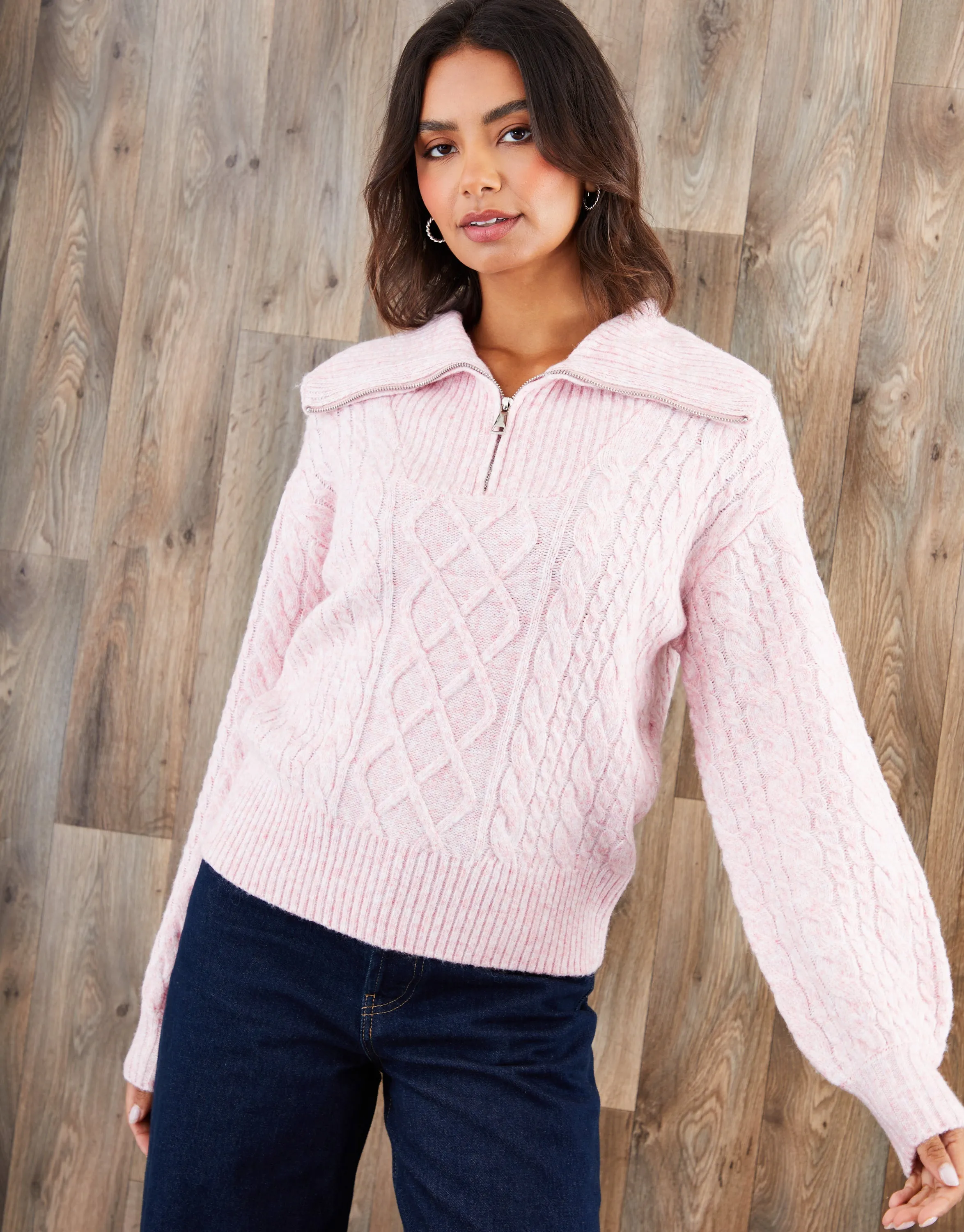 Pink Cable Knit Quarter Zip Jumper sold by Threadbare
