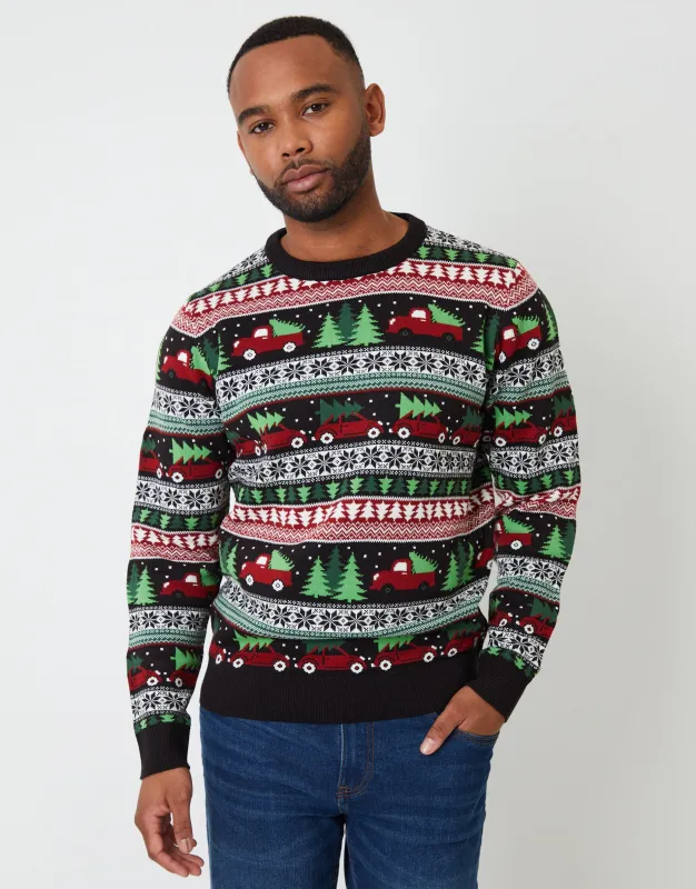 Black Christmas Car Fairisle Knitted Crew Neck Jumper sold by Threadbare