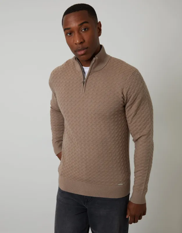 Beige Textured Cable Knit Quarter Zip Jumper sold by Threadbare