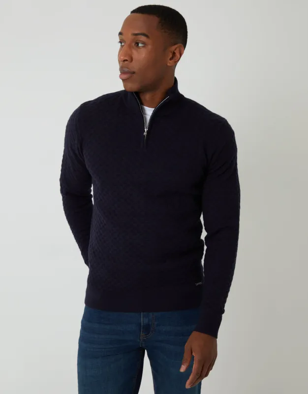 Navy Textured Cable Knit Quarter Zip Jumper sold by Threadbare