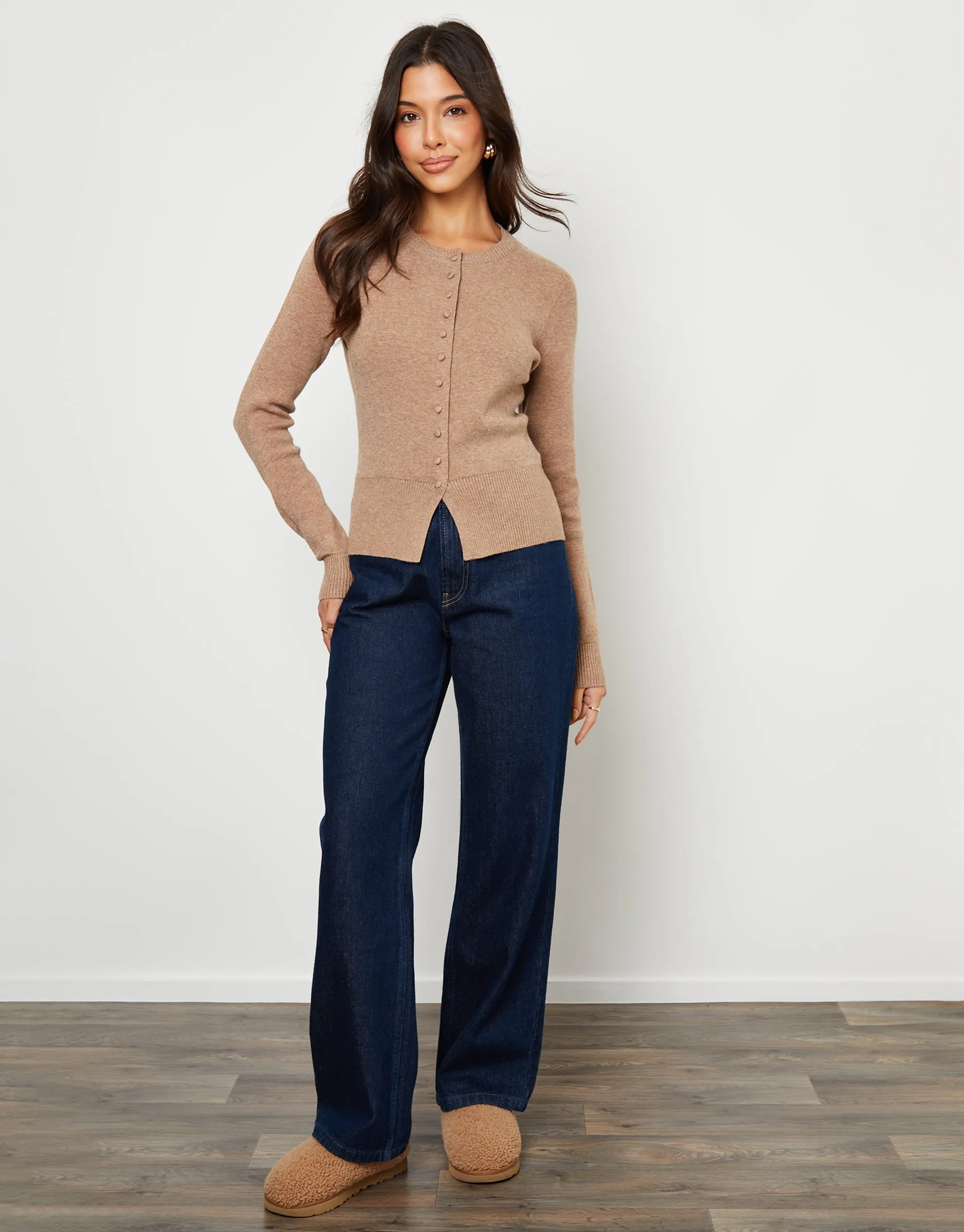 Beige Crew Neck Compact Knitted Cardigan sold by Threadbare product image thumbnail 3