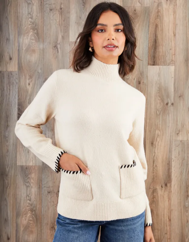 Ecru High Neck Contrast Stitch Knitted Jumper sold by Threadbare