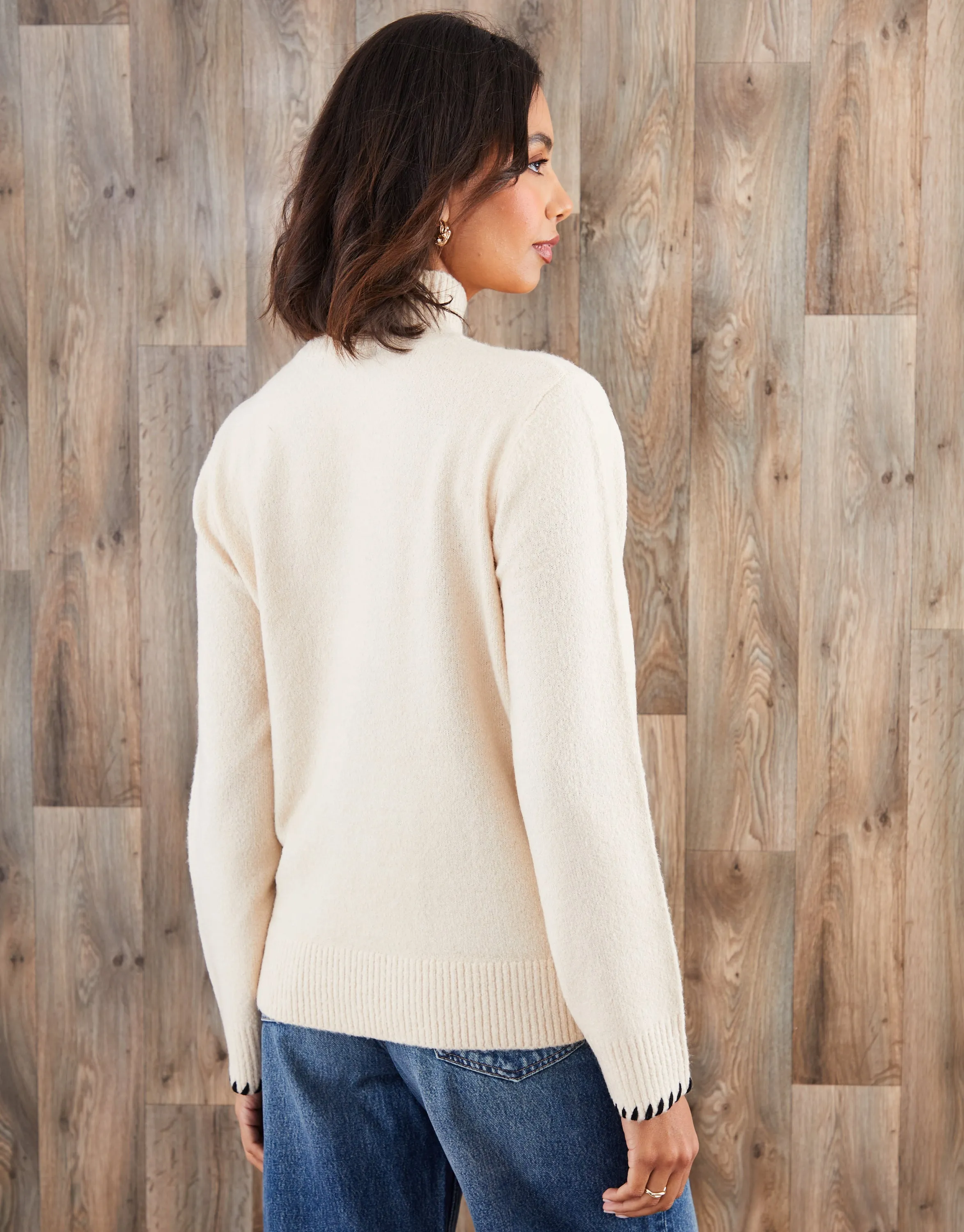 Ecru High Neck Contrast Stitch Knitted Jumper sold by Threadbare product image thumbnail 2