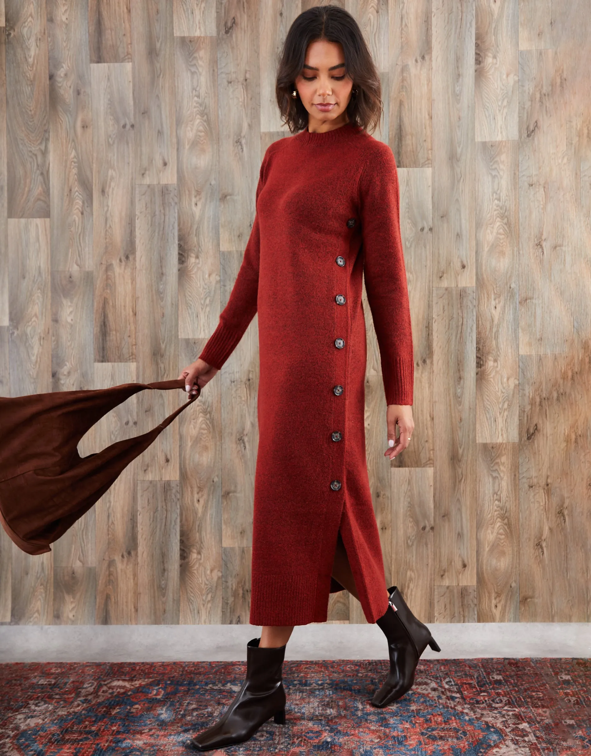 Rust Orange Knitted Side Button Detail Maxi Dress sold by Threadbare product image thumbnail 2