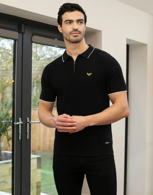 Men's Black Short Sleeve Zip Polo Jumper sold by Threadbare