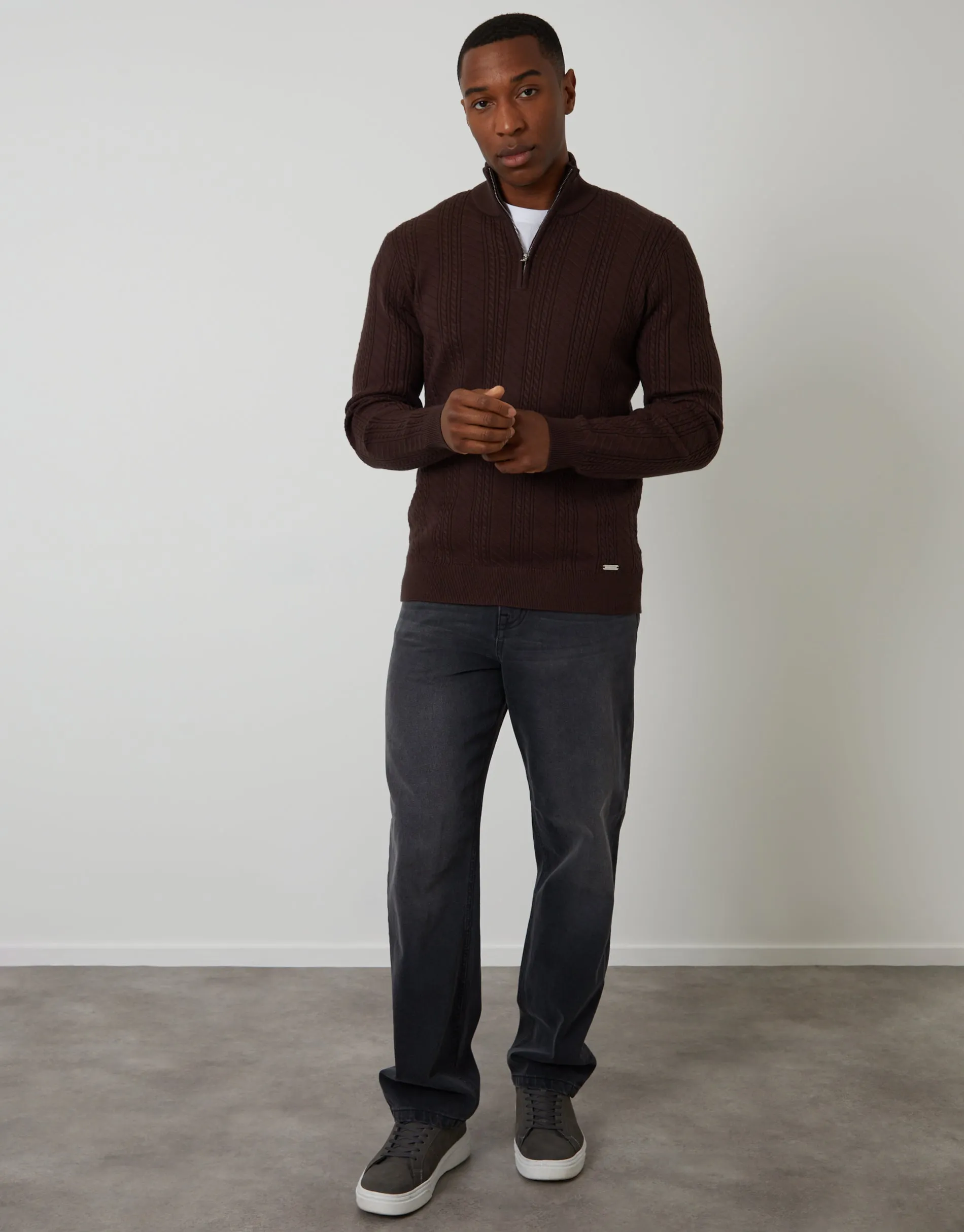 Brown Cable Knit Quarter Zip Jumper sold by Threadbare product image thumbnail 3
