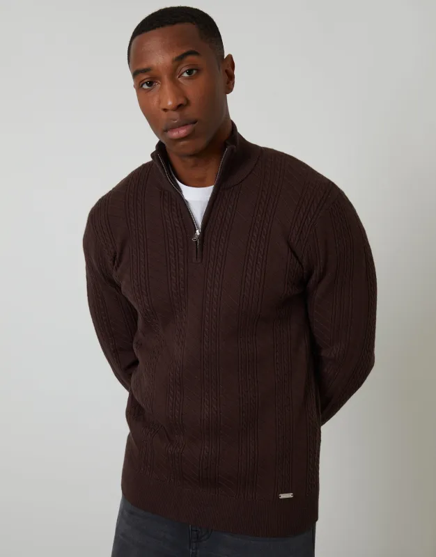Brown Cable Knit Quarter Zip Jumper sold by Threadbare