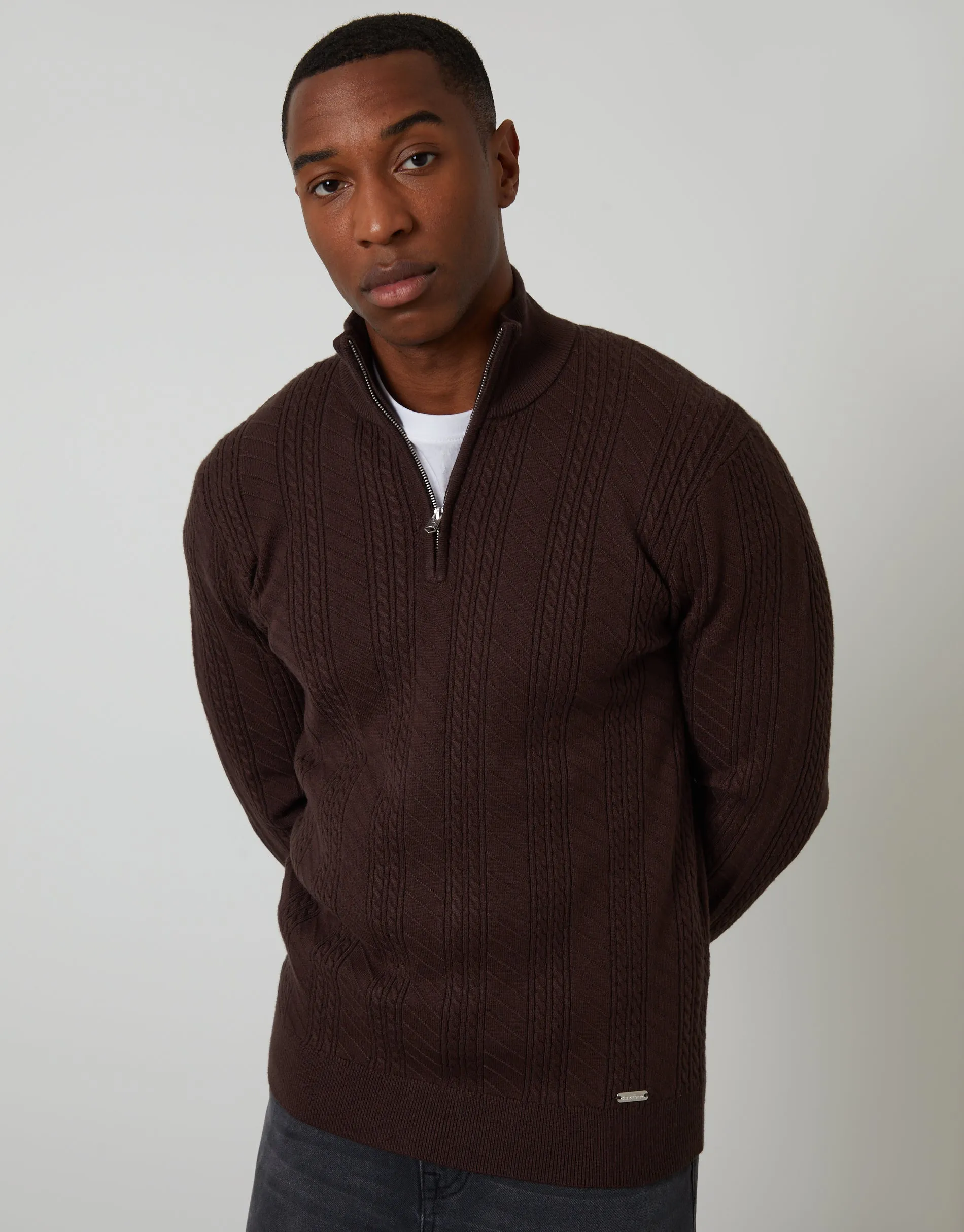 Brown Cable Knit Quarter Zip Jumper sold by Threadbare