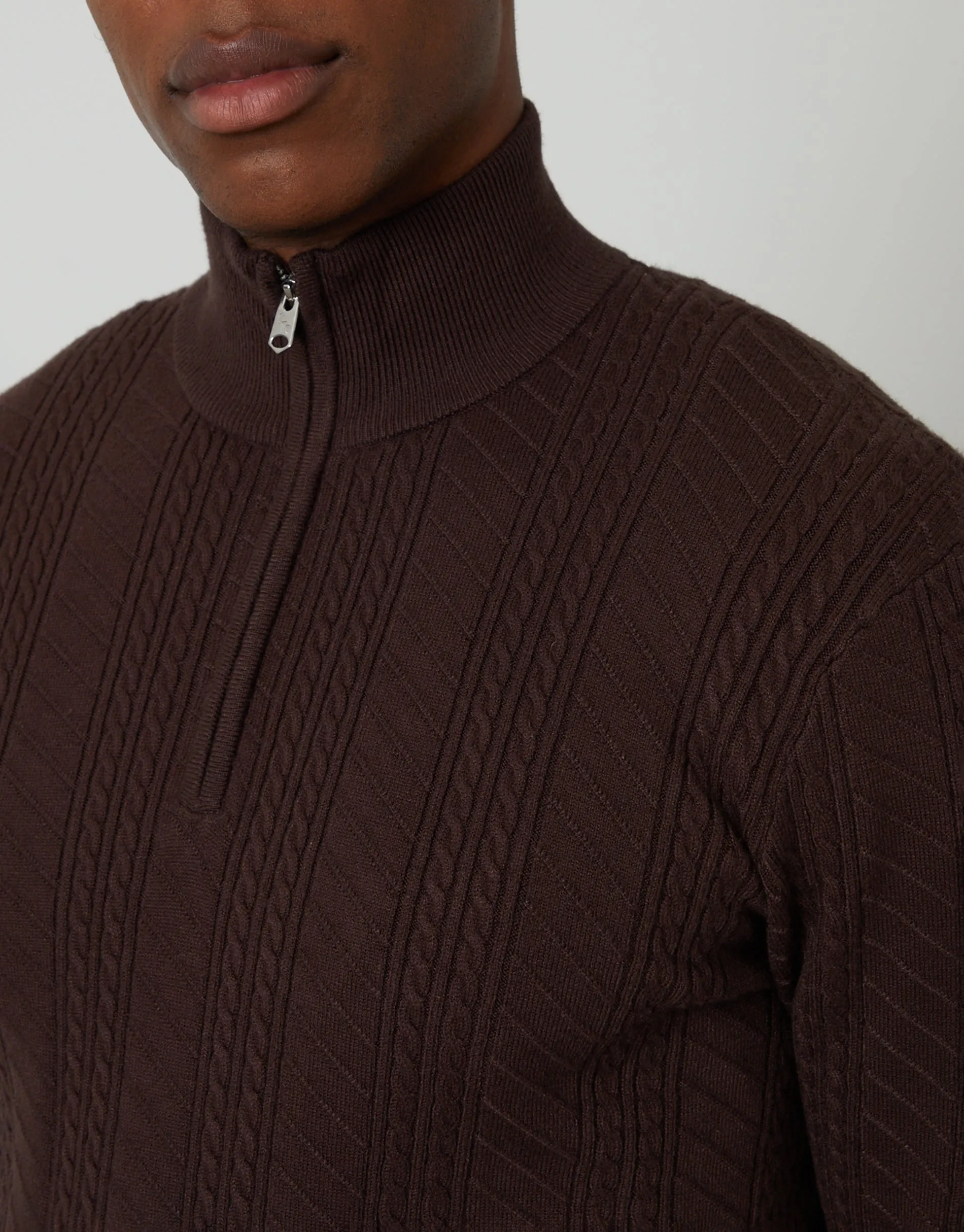 Brown Cable Knit Quarter Zip Jumper sold by Threadbare product image thumbnail 4