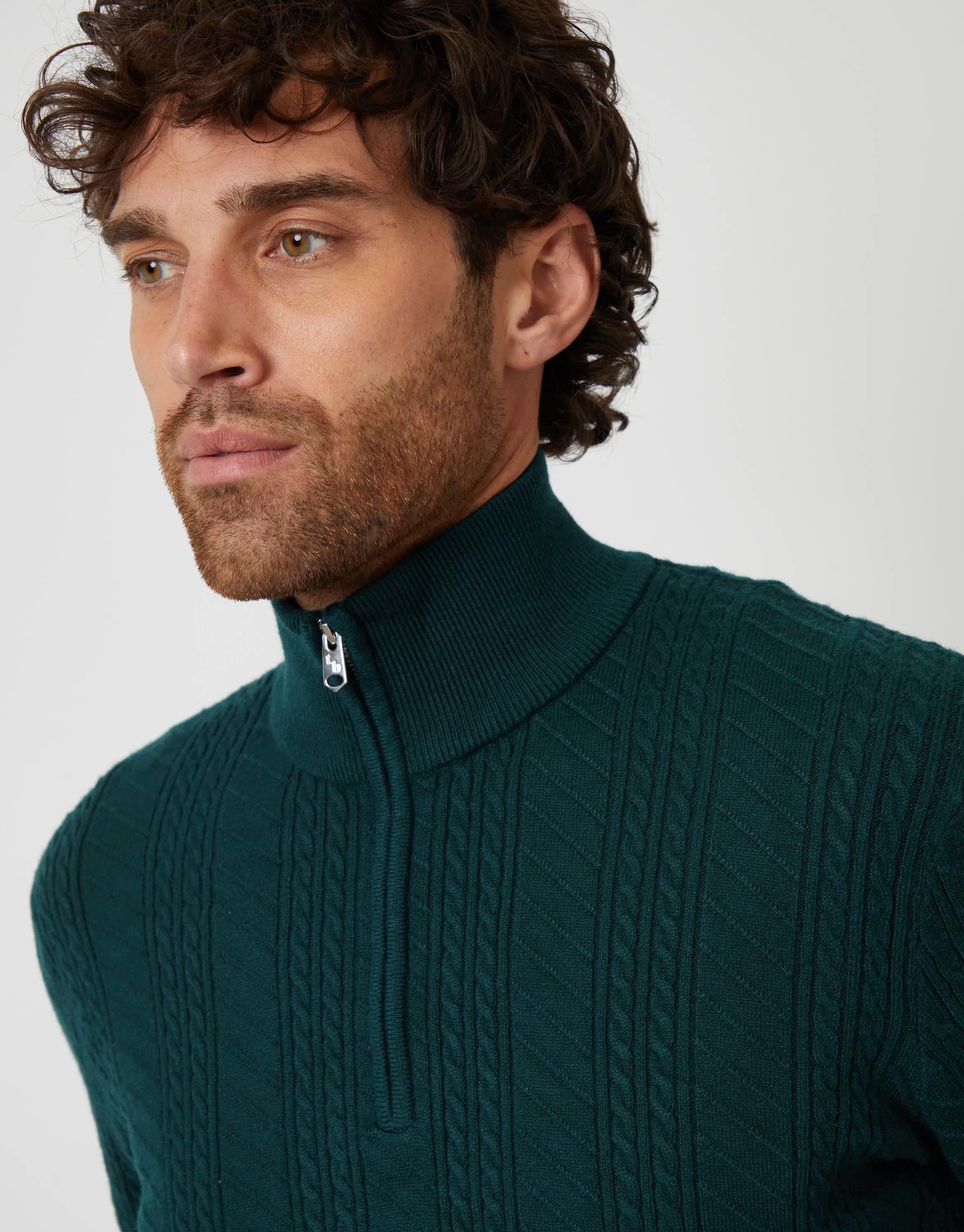 Dark Green Cable Knit Quarter Zip Jumper sold by Threadbare product image thumbnail 4