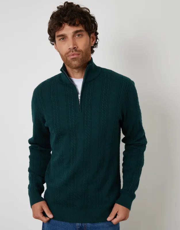 Dark Green Cable Knit Quarter Zip Jumper sold by Threadbare