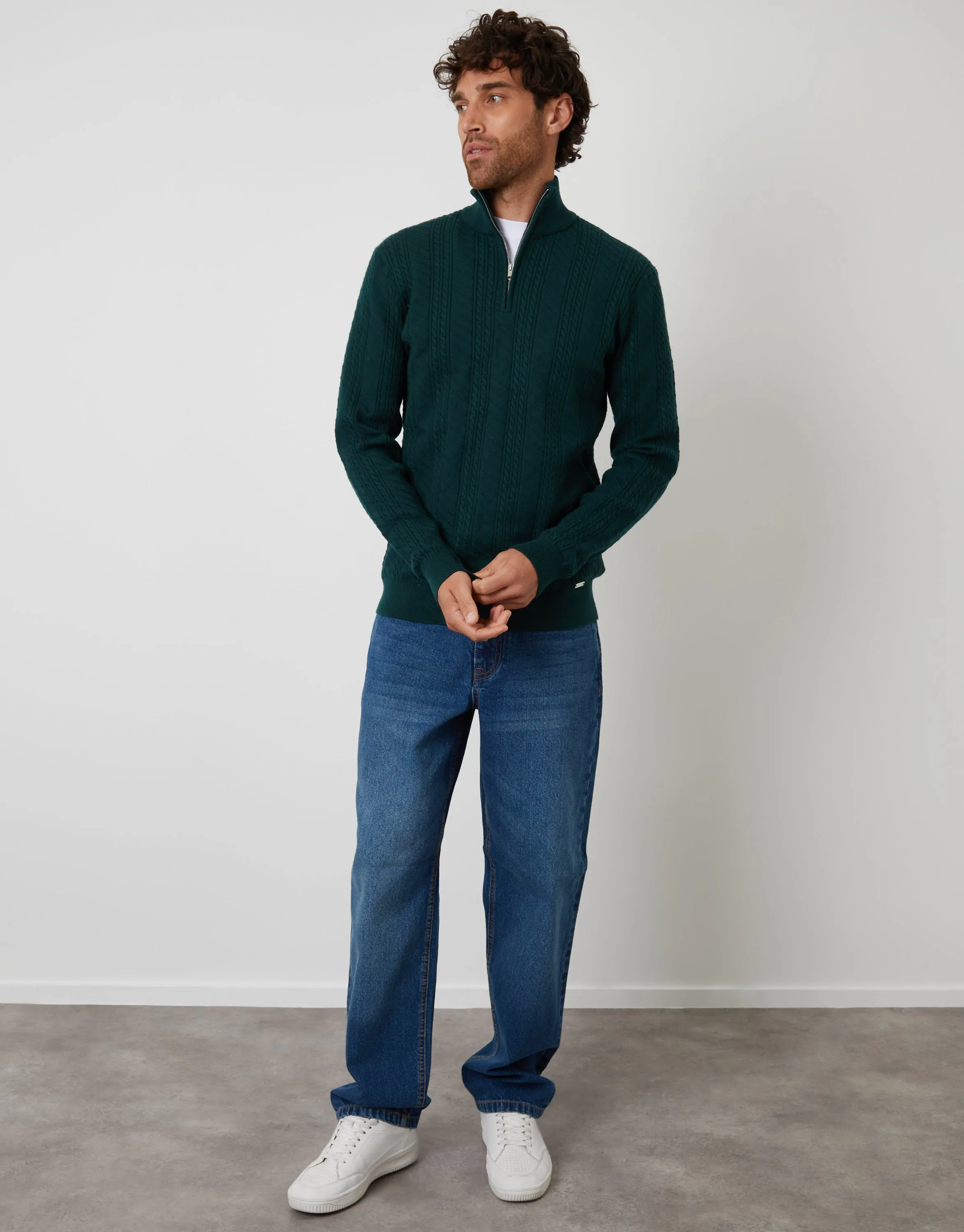 Dark Green Cable Knit Quarter Zip Jumper sold by Threadbare product image thumbnail 3