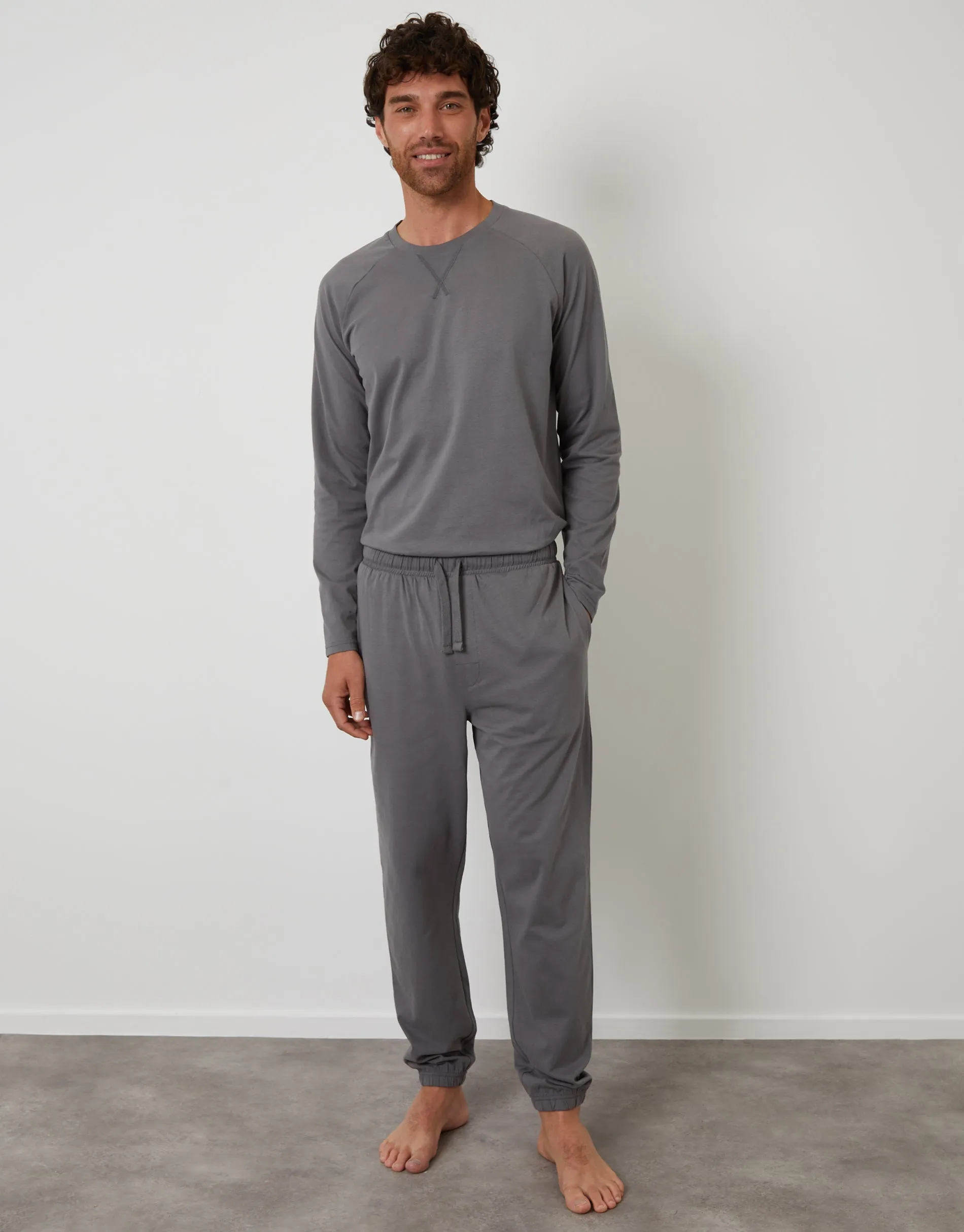 Slate Grey Peached Cotton Long Lounge Set (2-Piece Set) sold by Threadbare