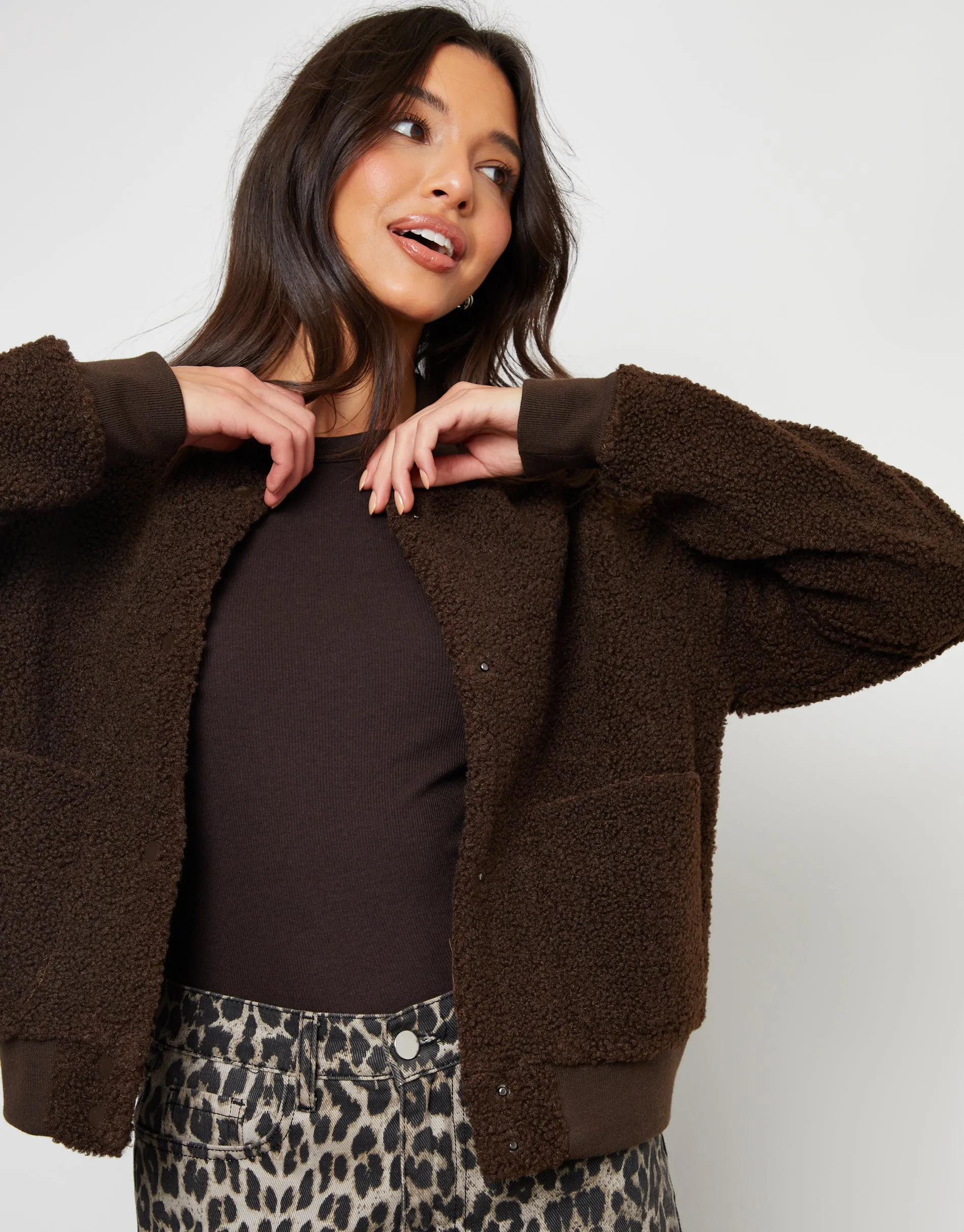 Chocolate Brown Borg Bomber Jacket sold by Threadbare product image thumbnail 2