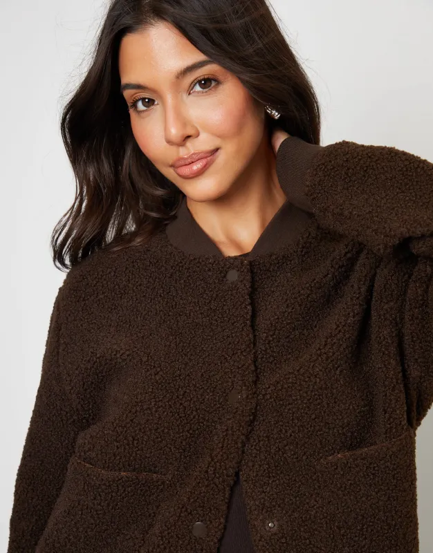 Chocolate Brown Borg Bomber Jacket sold by Threadbare