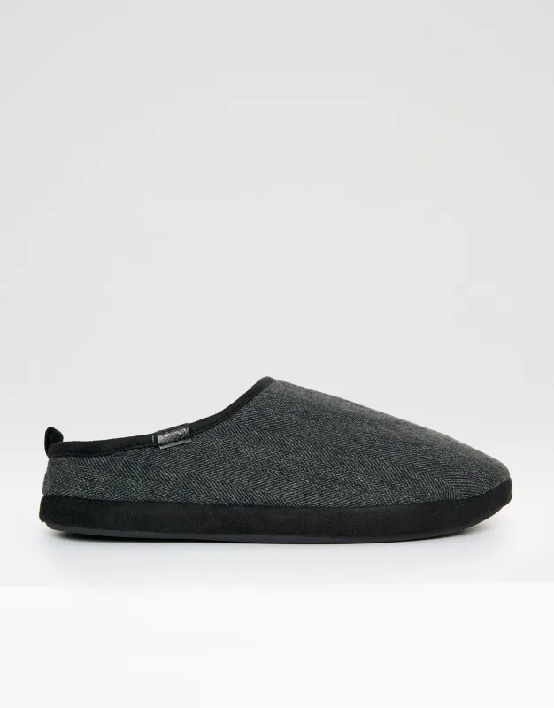 Black Herringbone Faux Fur Lined Mule Slippers sold by Threadbare