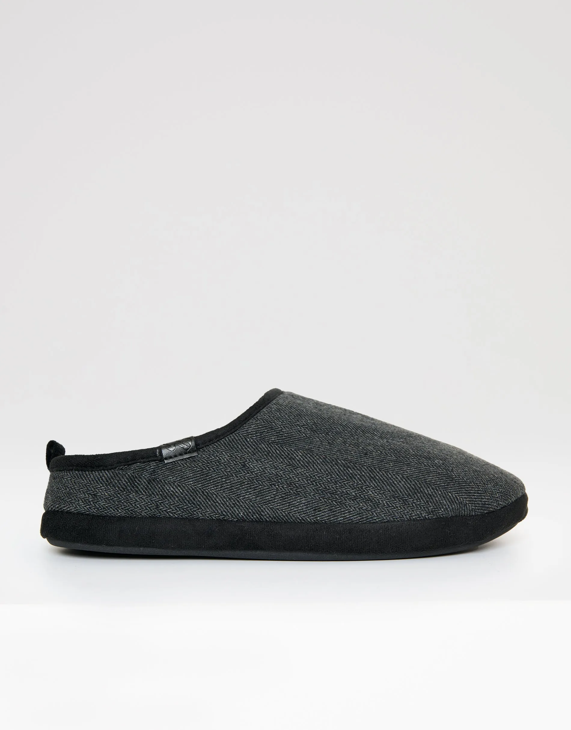Herringbone Faux Fur Lined Mule Slippers in Black Check sold by Threadbare