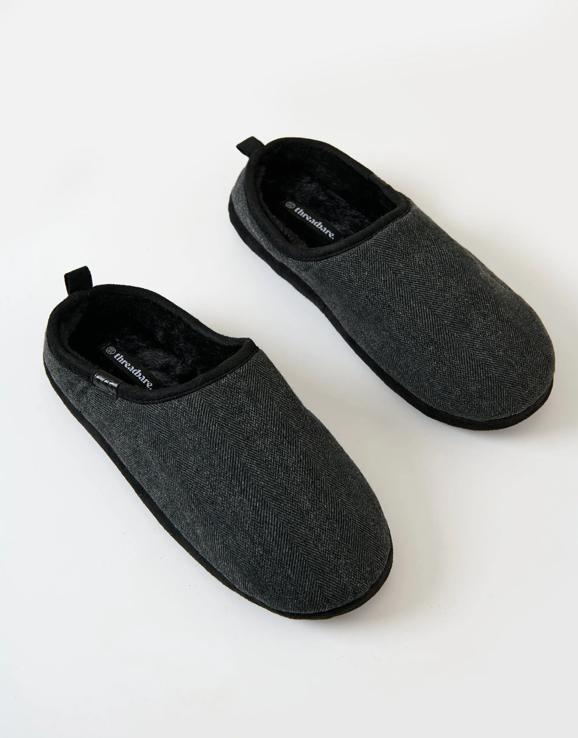 Herringbone Faux Fur Lined Mule Slippers in Black Check sold by Threadbare product image thumbnail 2