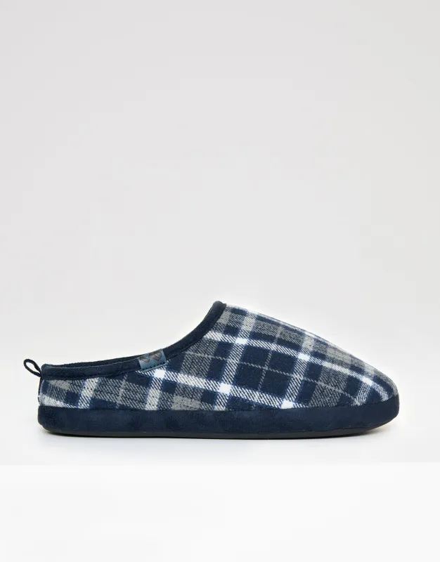 Navy Check Faux Fur Lined Mule Slippers sold by Threadbare