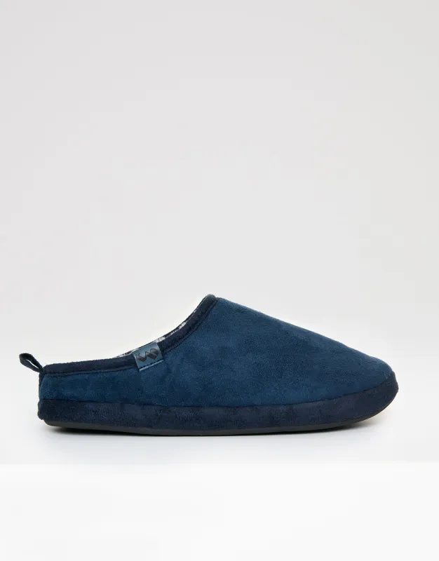 Navy Faux Suede Faux Fur Lined Mule Slippers sold by Threadbare