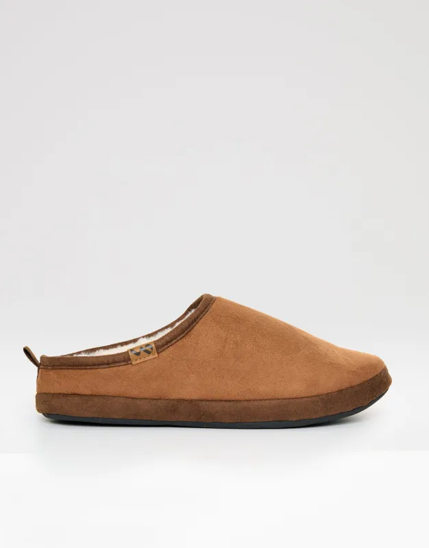 Tan Brown Faux Suede Faux Fur Lined Mule Slippers sold by Threadbare