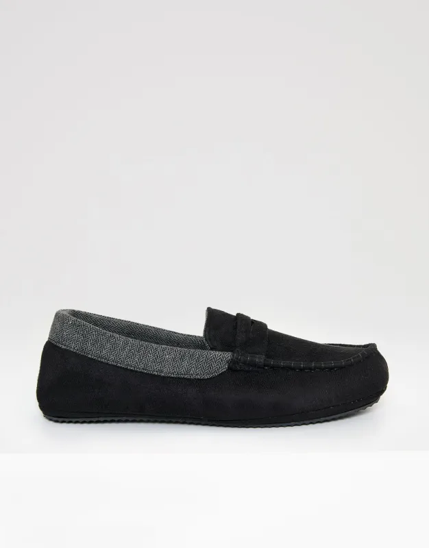 Black Faux Suede Fabric Trim Moccasin Slippers sold by Threadbare