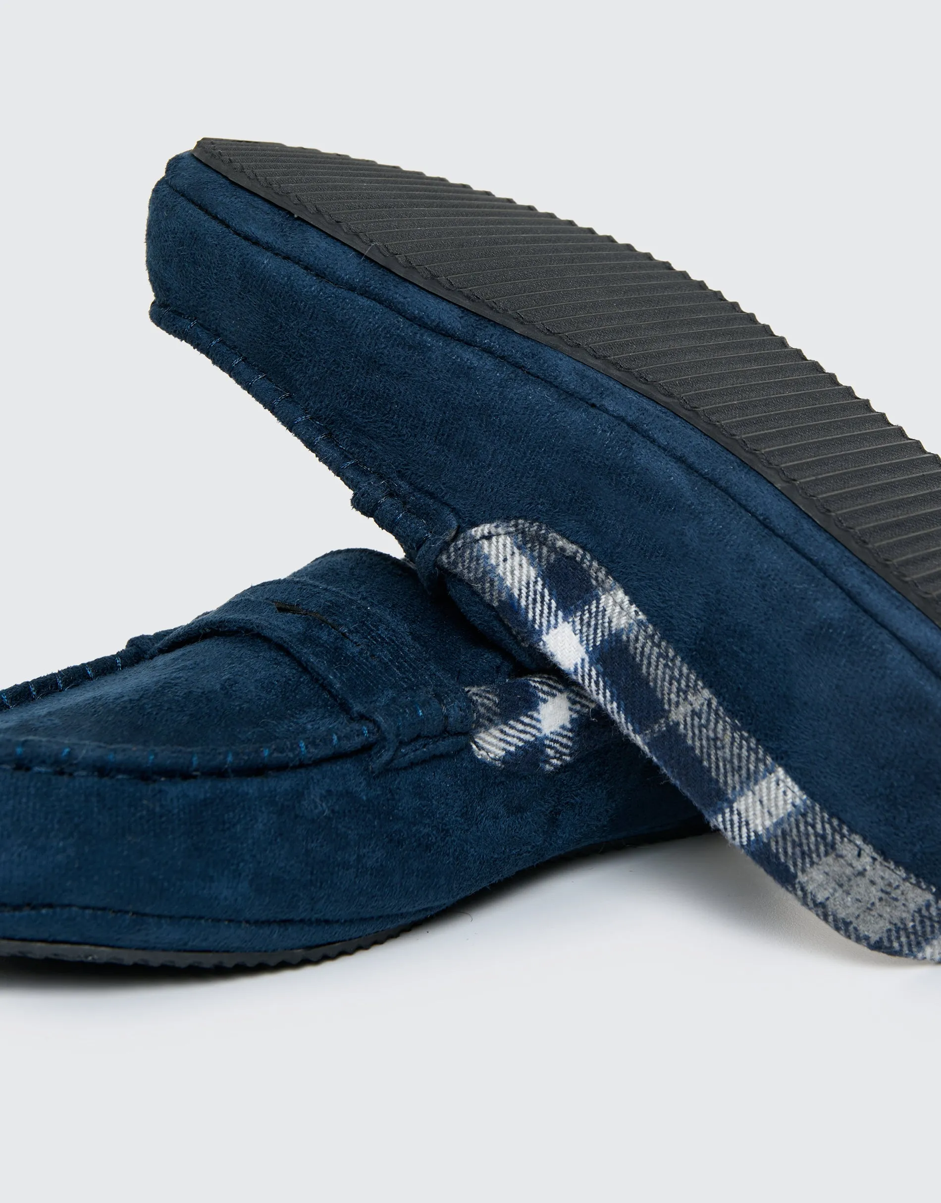 Navy Faux Suede Fabric Trim Moccasin Slippers sold by Threadbare product image thumbnail 5
