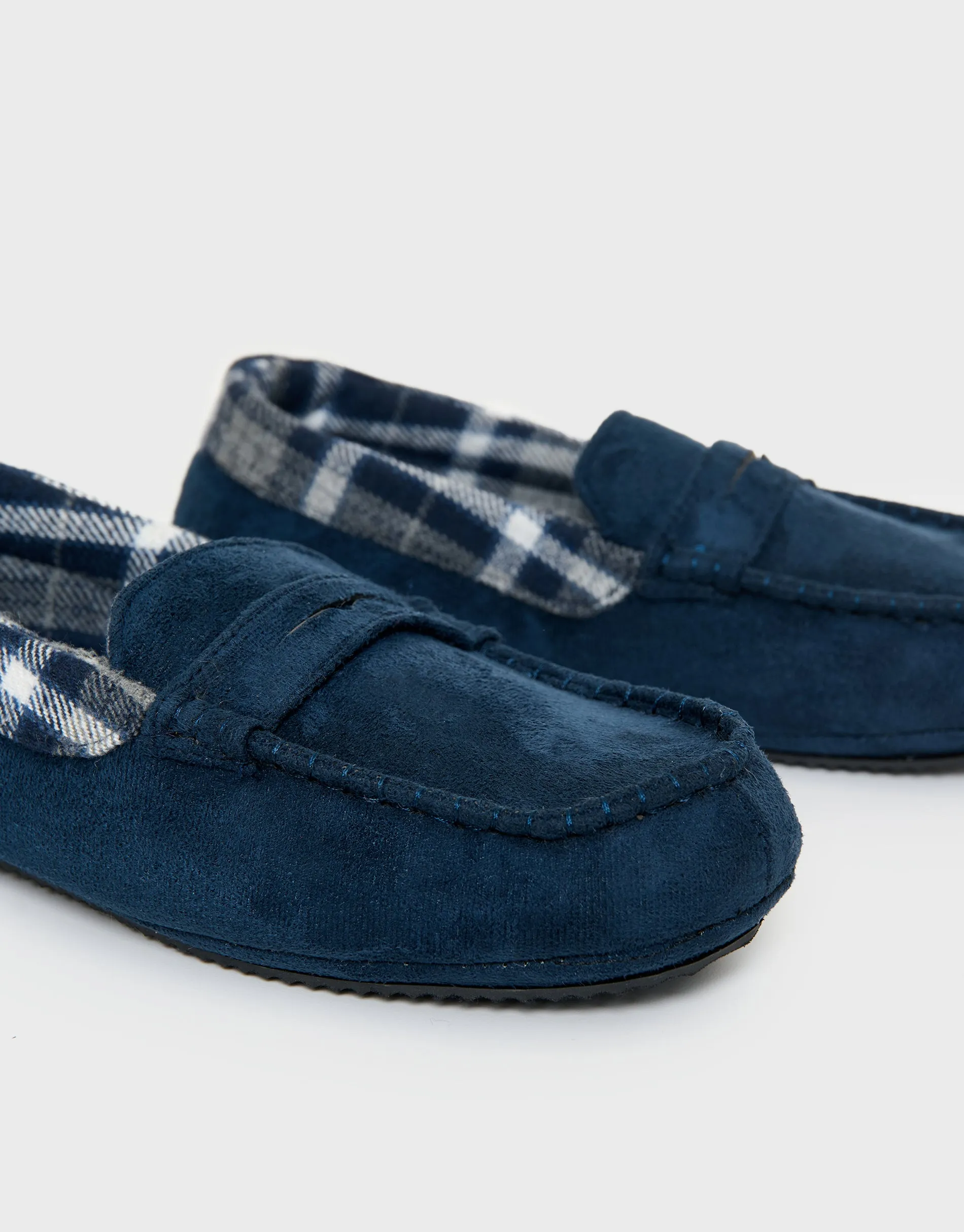 Navy Faux Suede Fabric Trim Moccasin Slippers sold by Threadbare product image thumbnail 3