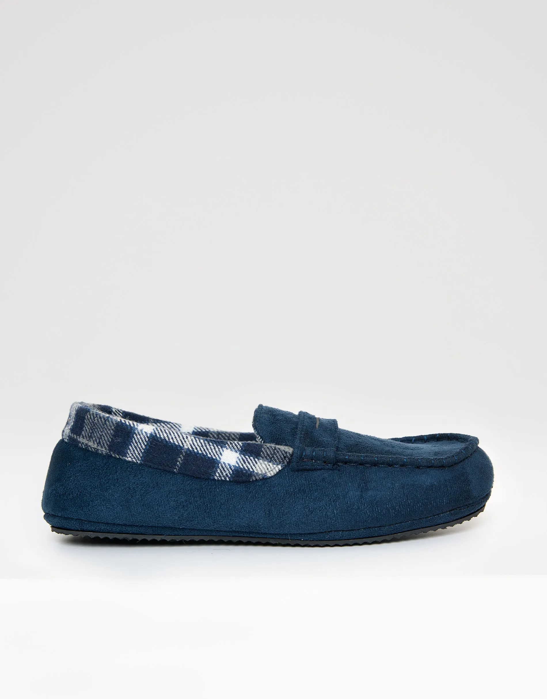 Navy Faux Suede Fabric Trim Moccasin Slippers sold by Threadbare