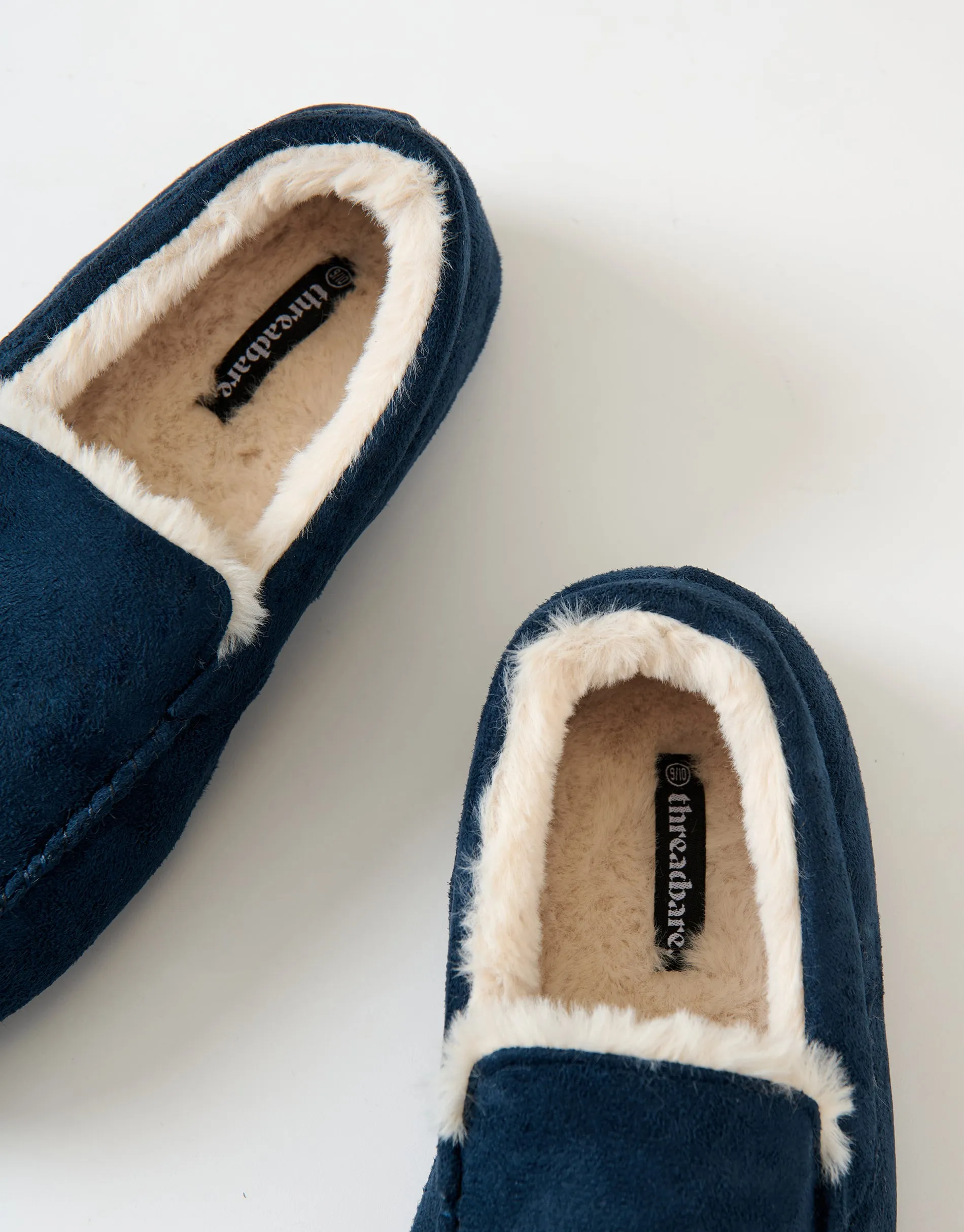 Navy Faux Suede Faux Fur Lined Moccasin Slippers sold by Threadbare product image thumbnail 4