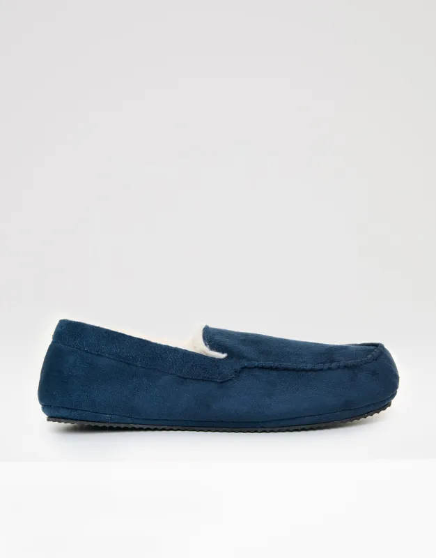 Navy Faux Suede Faux Fur Lined Moccasin Slippers sold by Threadbare