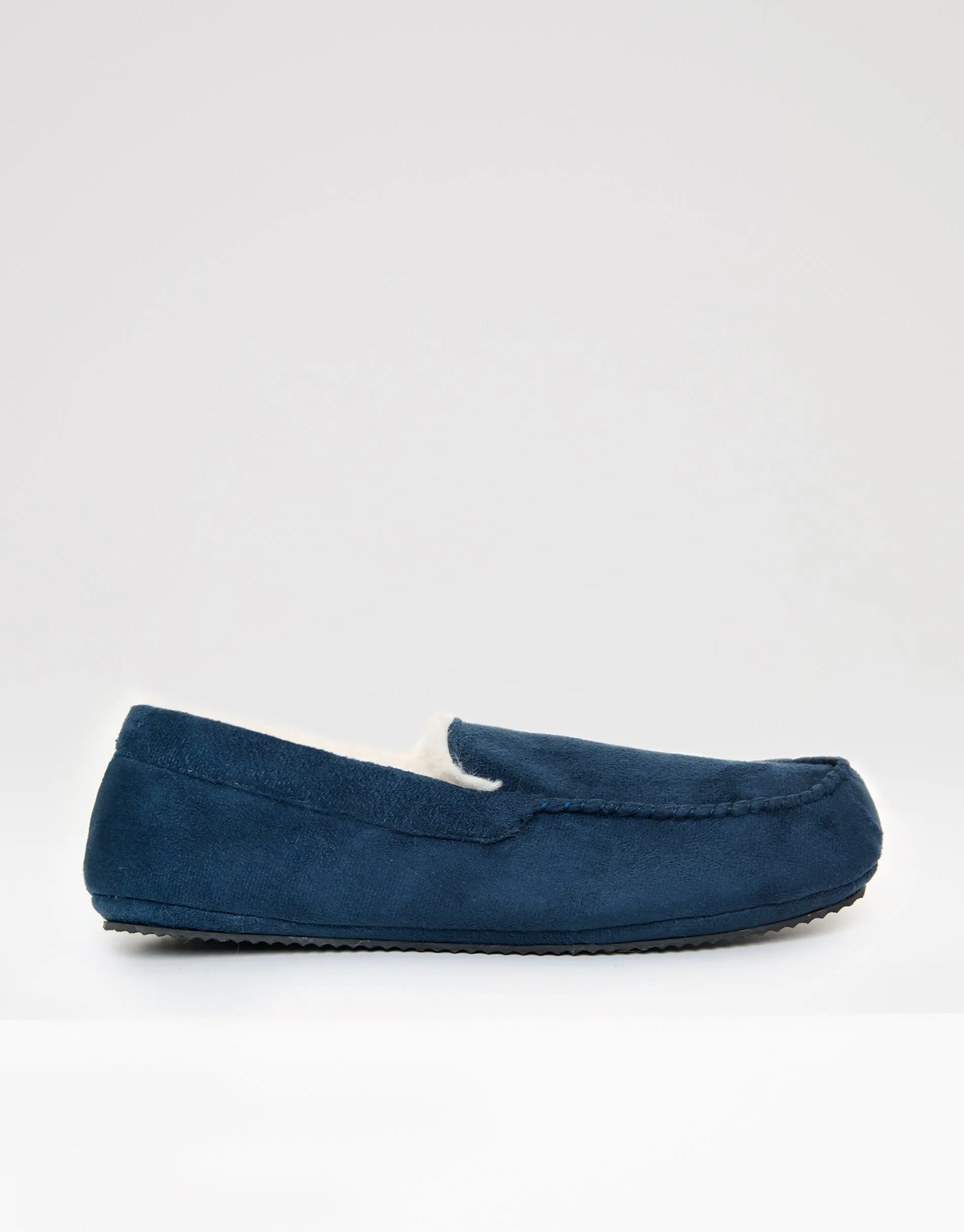 Navy Faux Suede Faux Fur Lined Moccasin Slippers sold by Threadbare