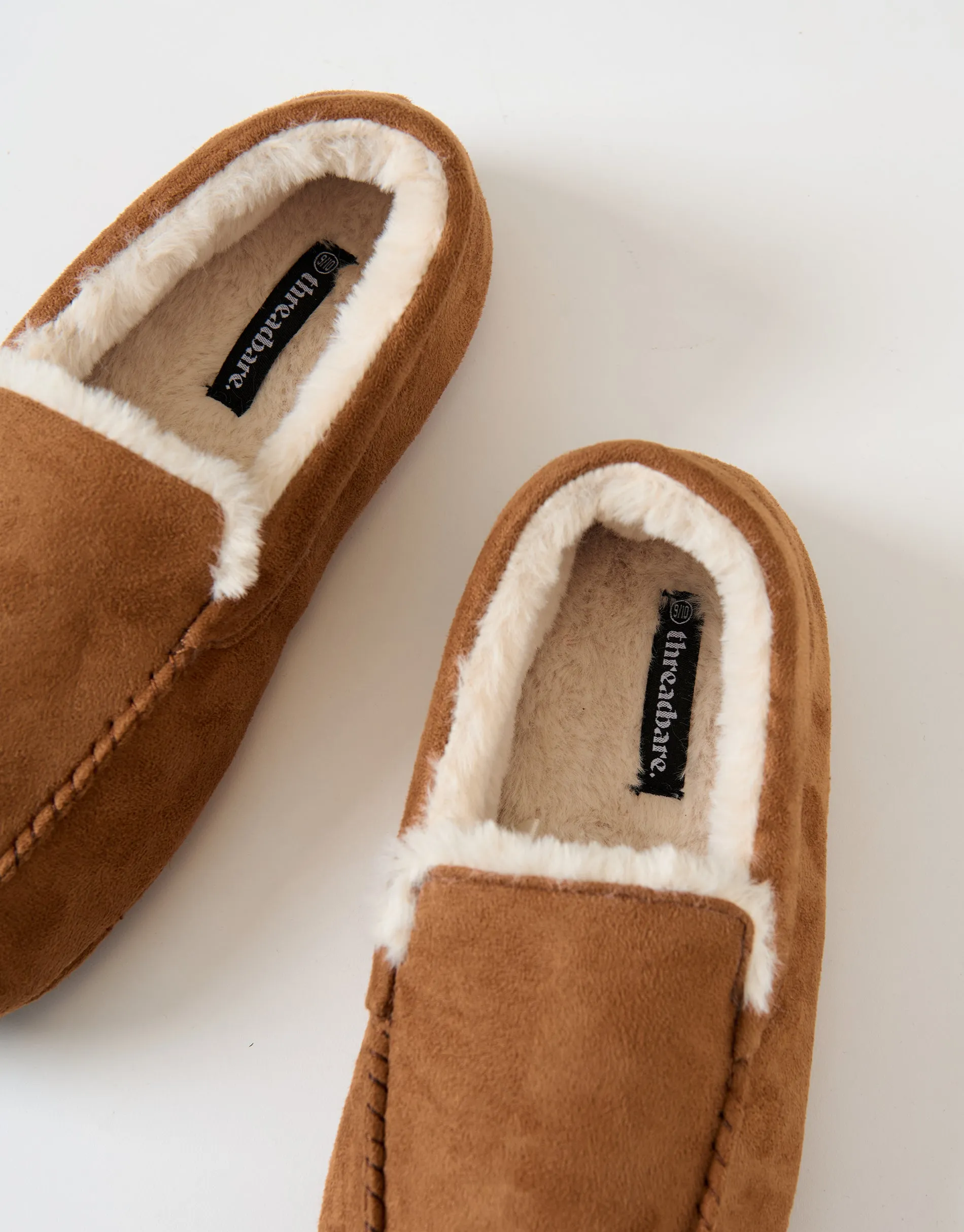 Faux Suede Faux Fur Lined Moccasin Slippers in Tan Brown sold by Threadbare product image thumbnail 4