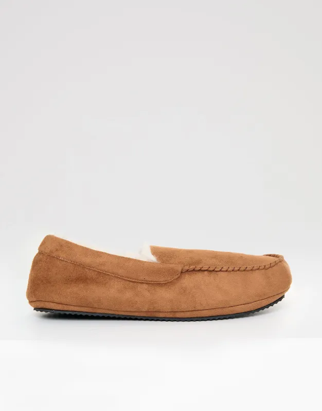 Tan Brown Faux Suede Faux Fur Lined Moccasin Slippers sold by Threadbare