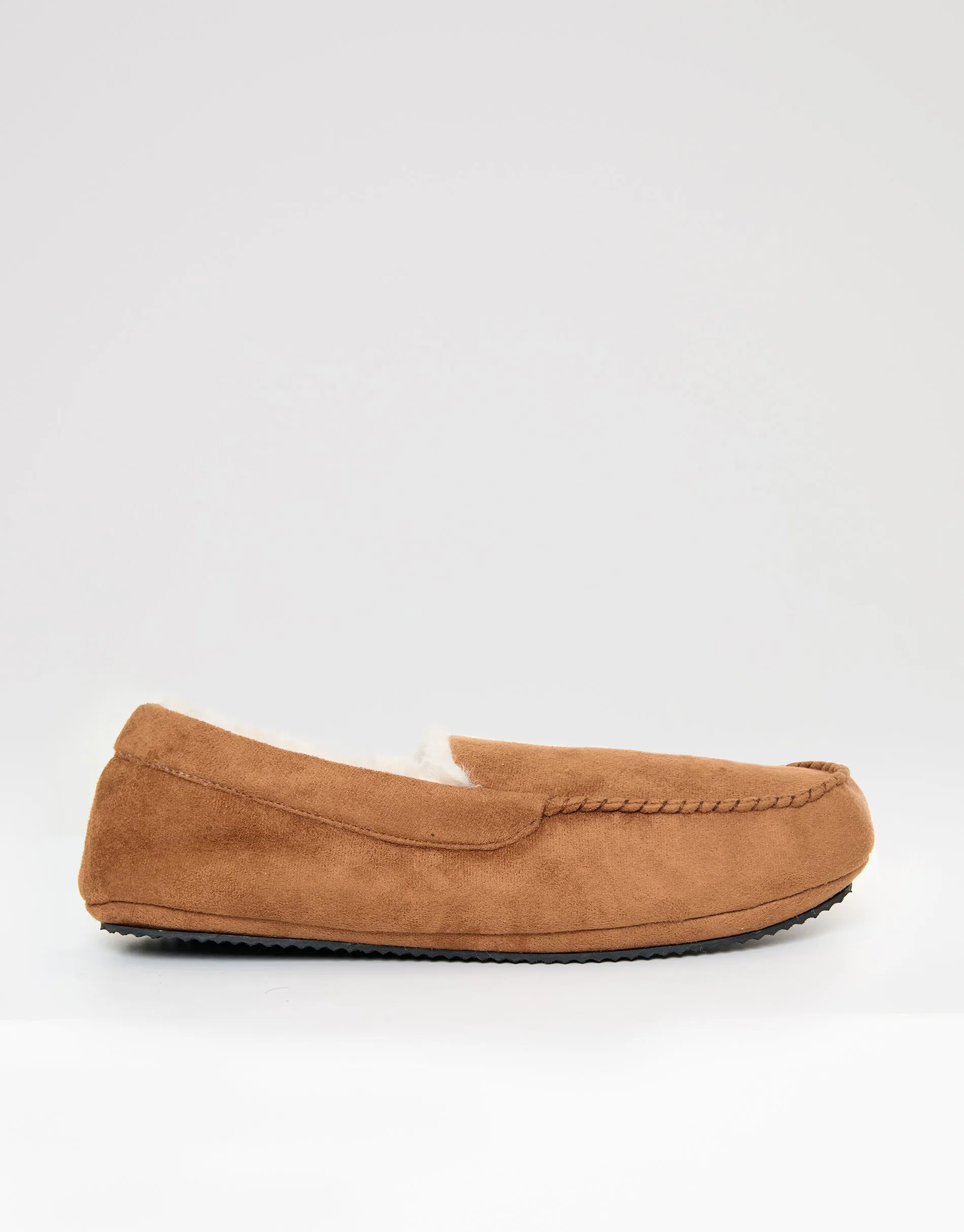 Faux Suede Faux Fur Lined Moccasin Slippers in Tan Brown sold by Threadbare