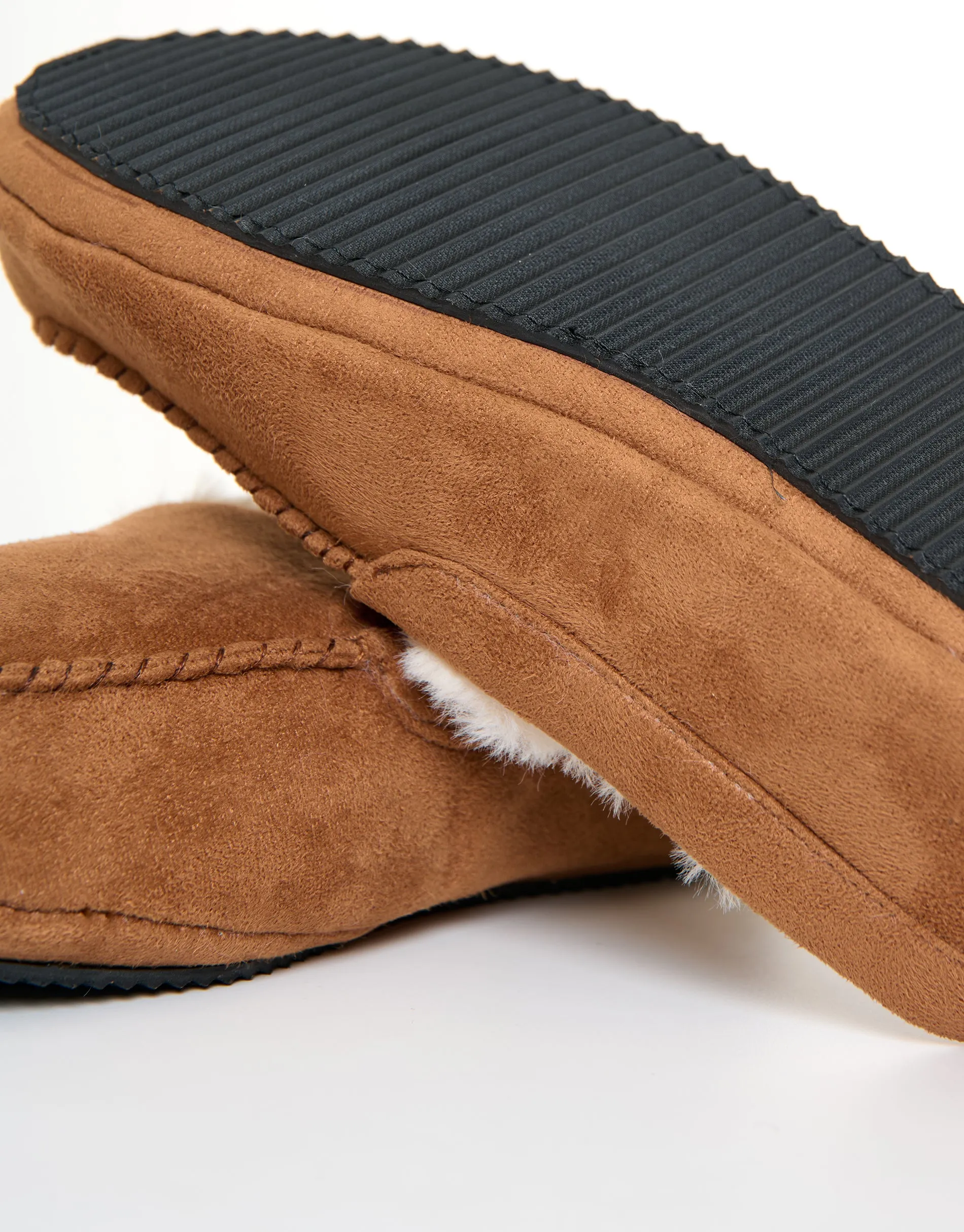 Faux Suede Faux Fur Lined Moccasin Slippers in Tan Brown sold by Threadbare product image thumbnail 5