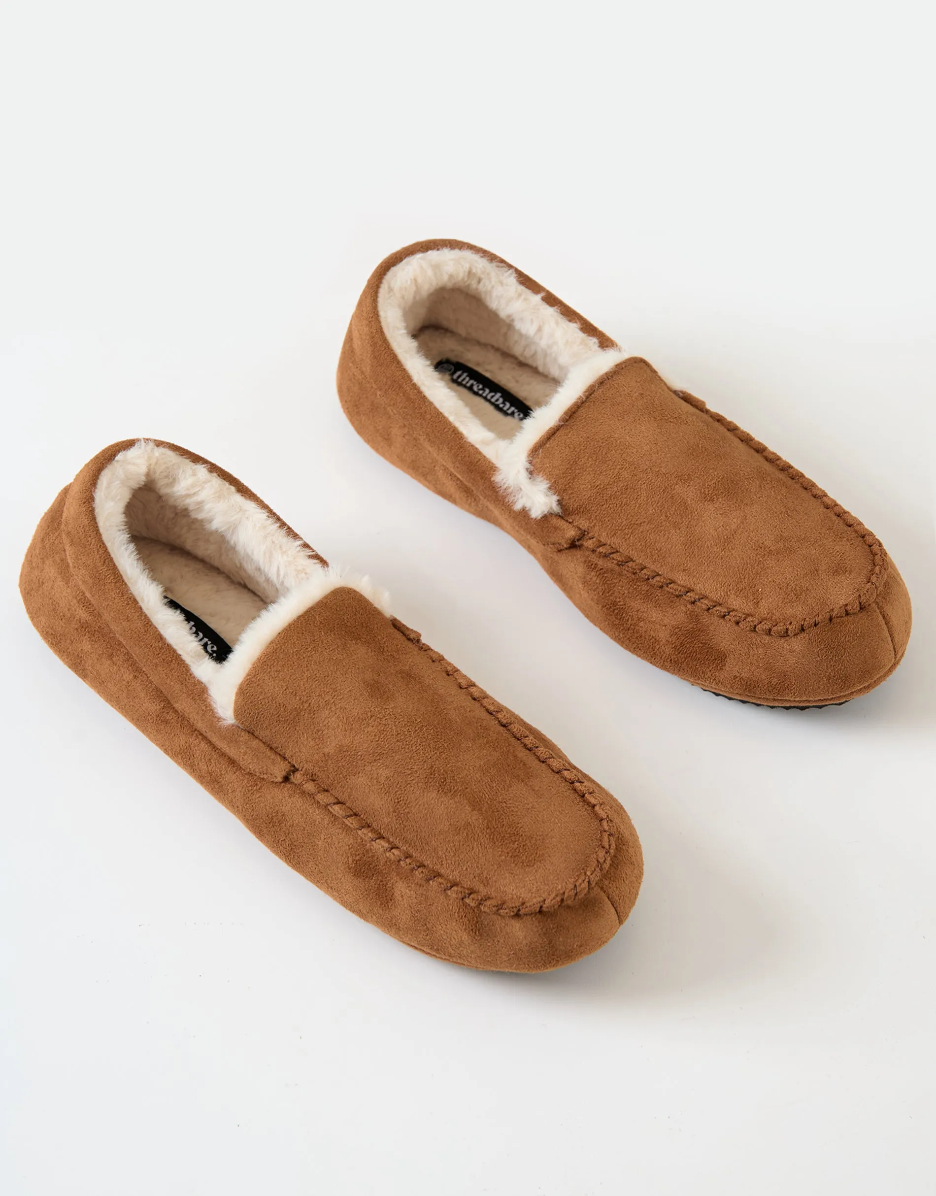 Faux Suede Faux Fur Lined Moccasin Slippers in Tan Brown sold by Threadbare product image thumbnail 2