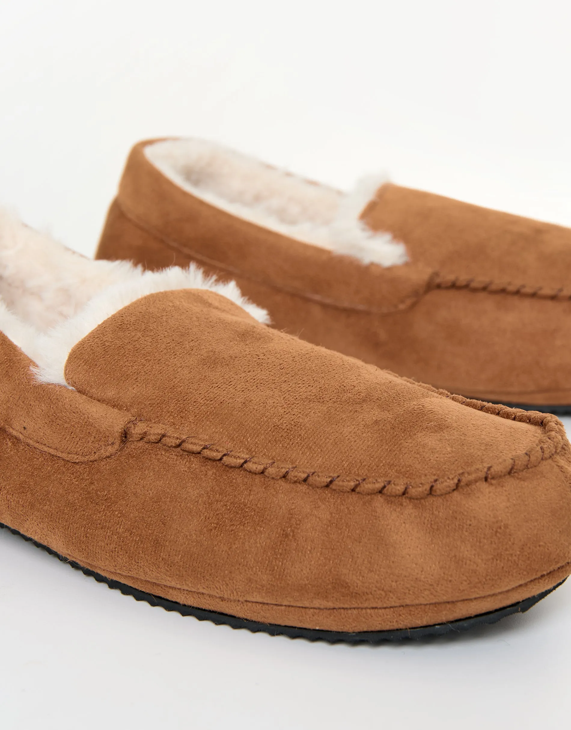 Faux Suede Faux Fur Lined Moccasin Slippers in Tan Brown sold by Threadbare product image thumbnail 3