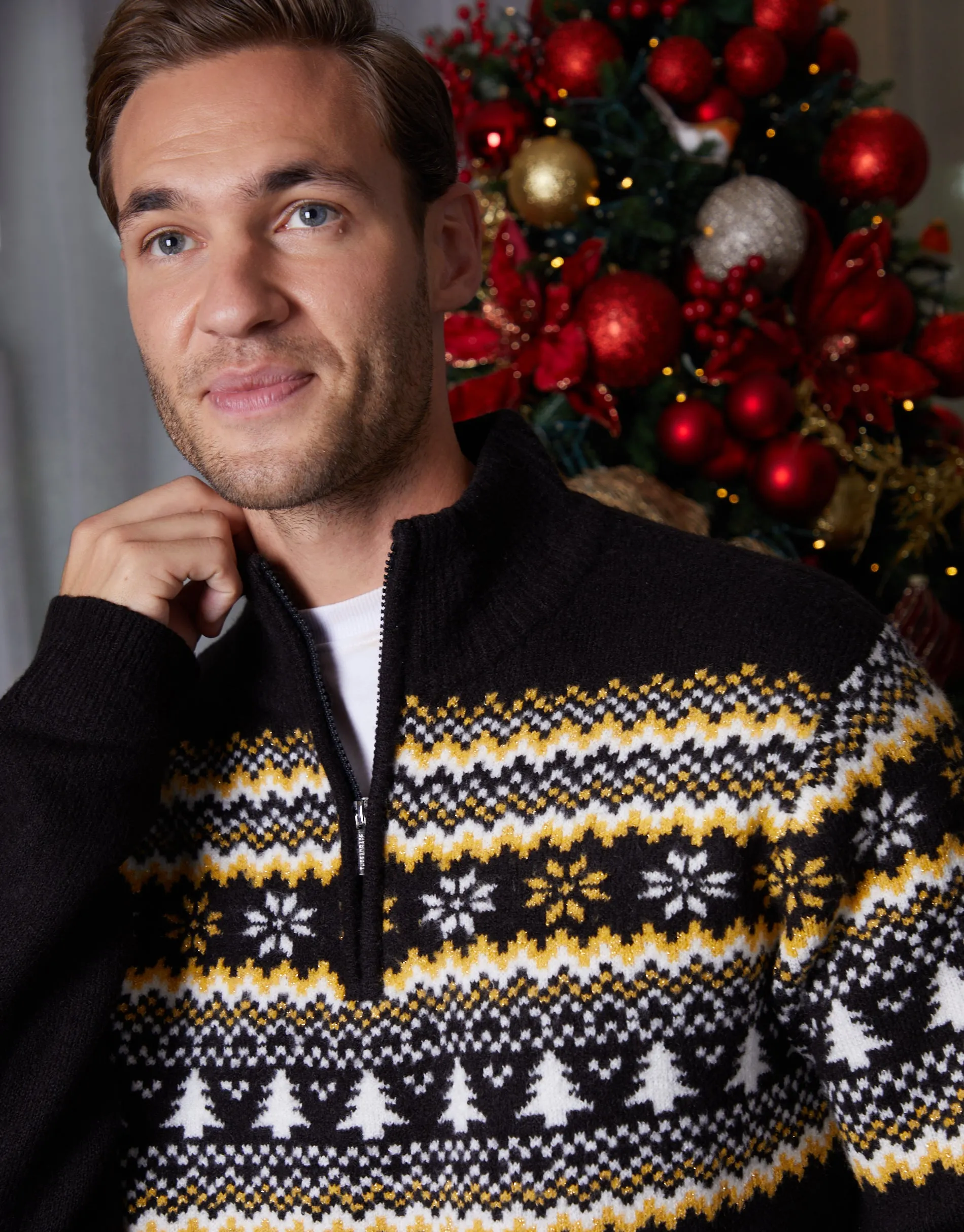 Black Knitted Fairisle Christmas Quarter Zip Jumper sold by Threadbare product image thumbnail 4