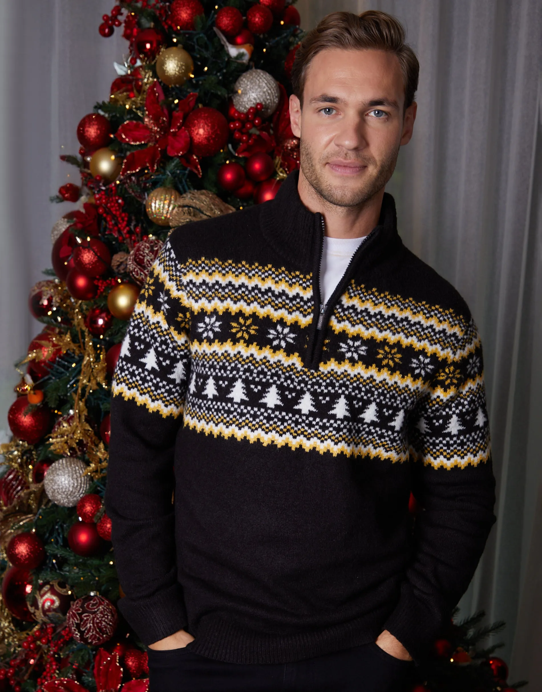 Black Knitted Fairisle Christmas Quarter Zip Jumper sold by Threadbare