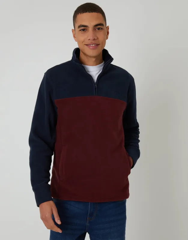 Navy & Burgundy Colourblock Quarter Zip Fleece sold by Threadbare