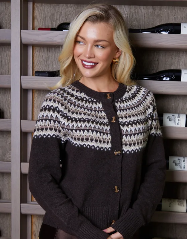 Chocolate Brown Fairisle Knitted Crew Neck Cardigan sold by Threadbare