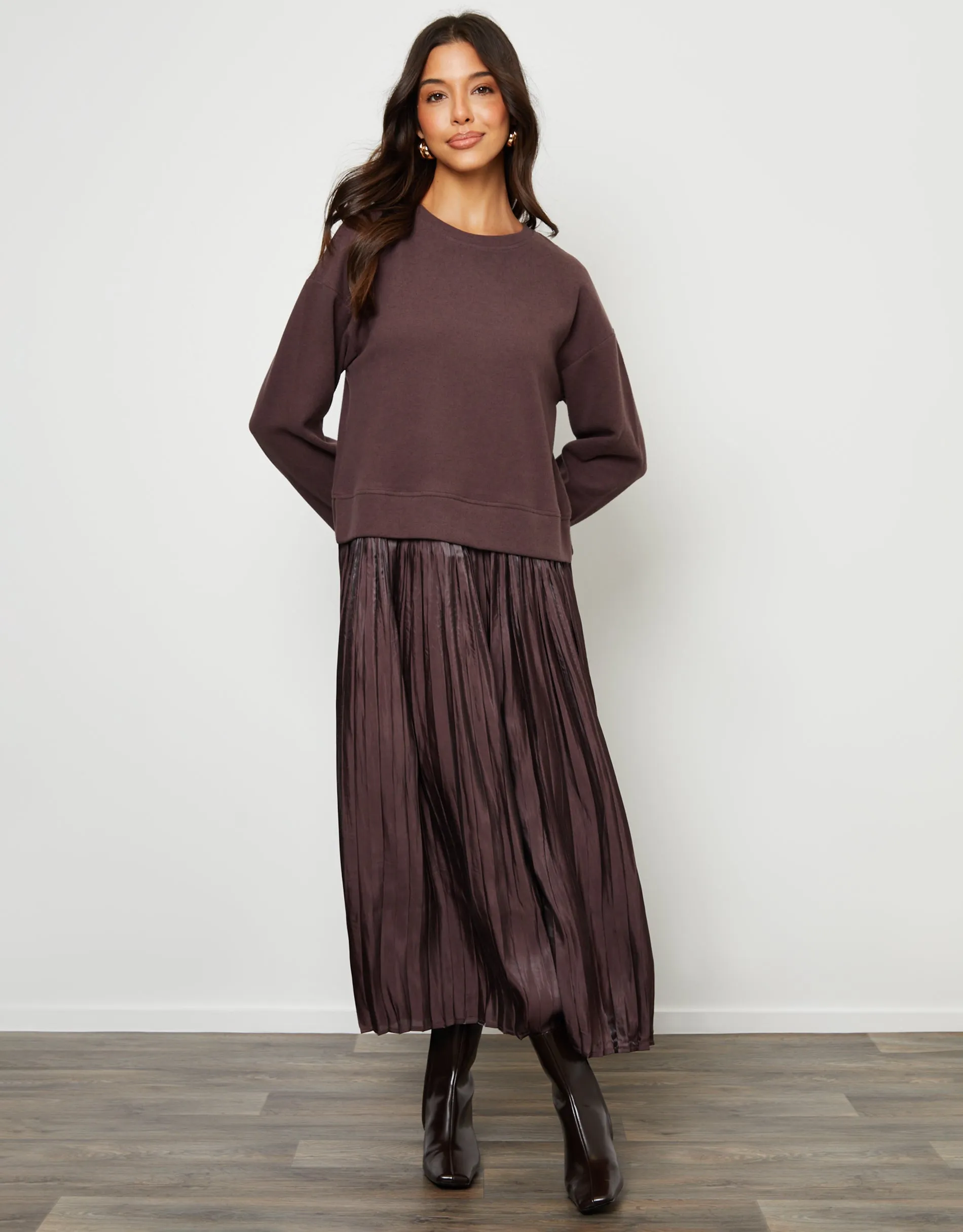 Chocolate Brown 2-in-1 Relaxed Ribbed Sweatshirt Midi Dress sold by Threadbare product image thumbnail 2