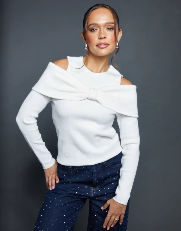 White Cold Shoulder Bow Detail Knitted Jumper sold by Threadbare