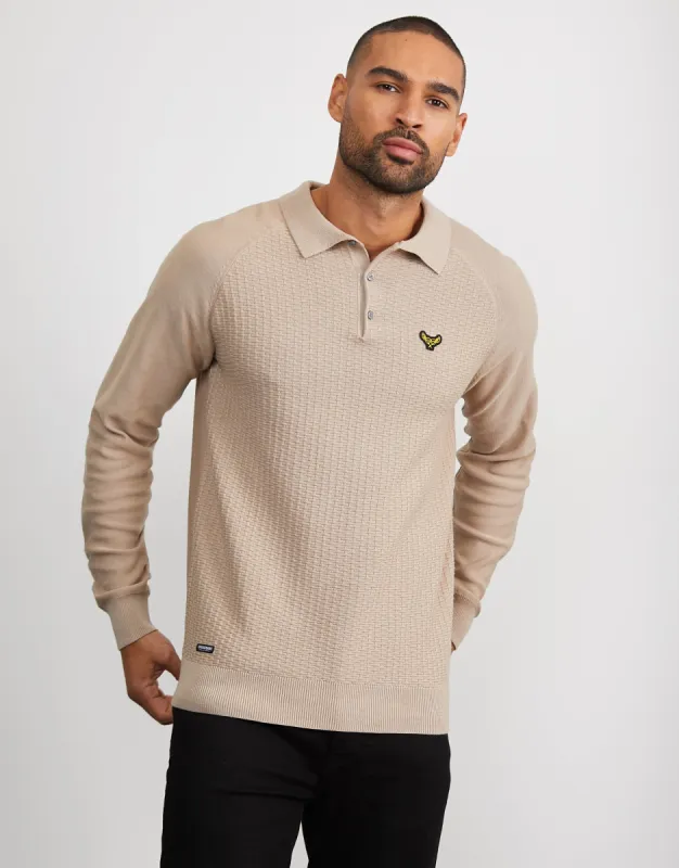 Men's Stone Long Sleeve Polo Jumper sold by Threadbare