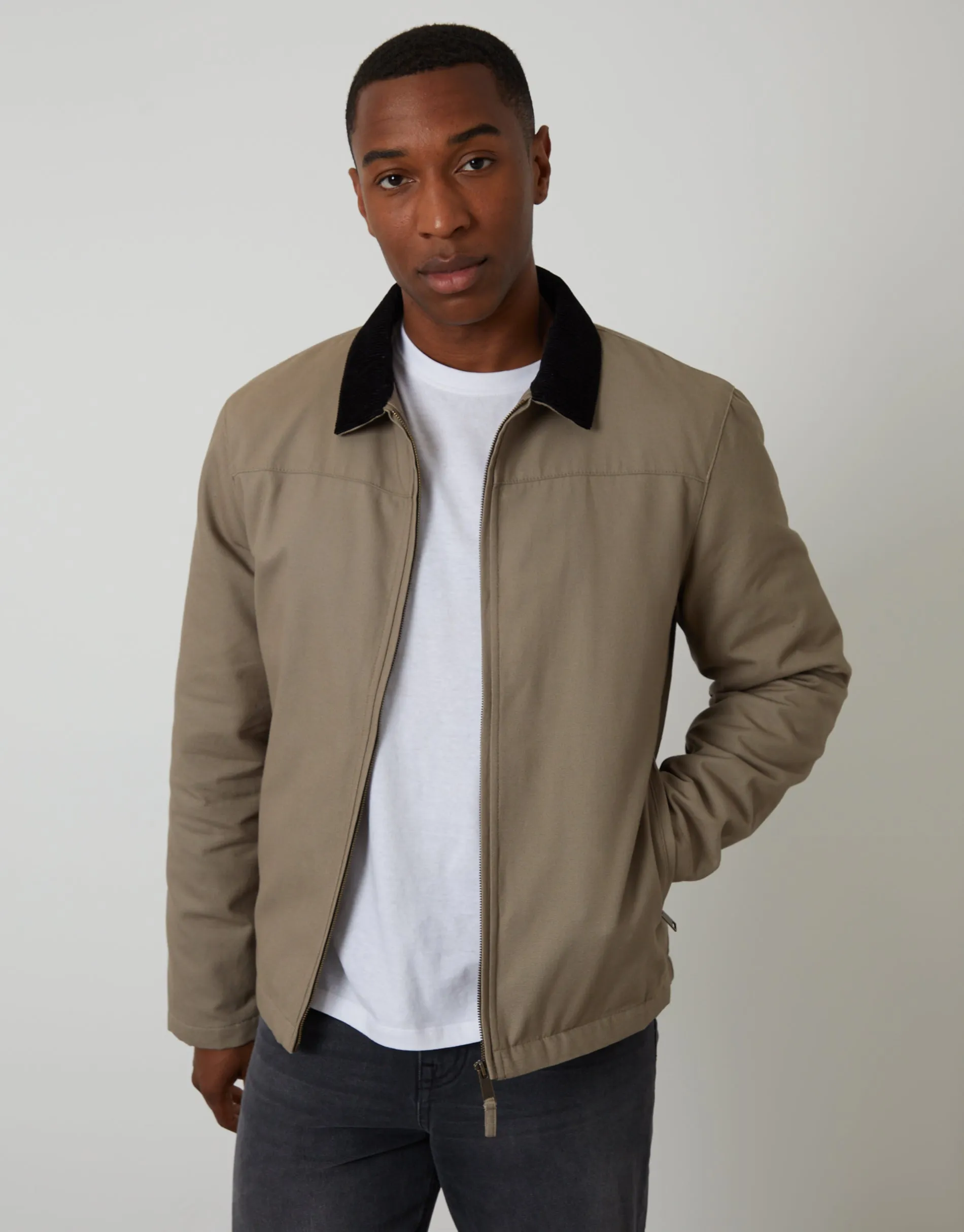 Zip-Through Lightweight Jacket With Quilting in Mushroom sold by Threadbare