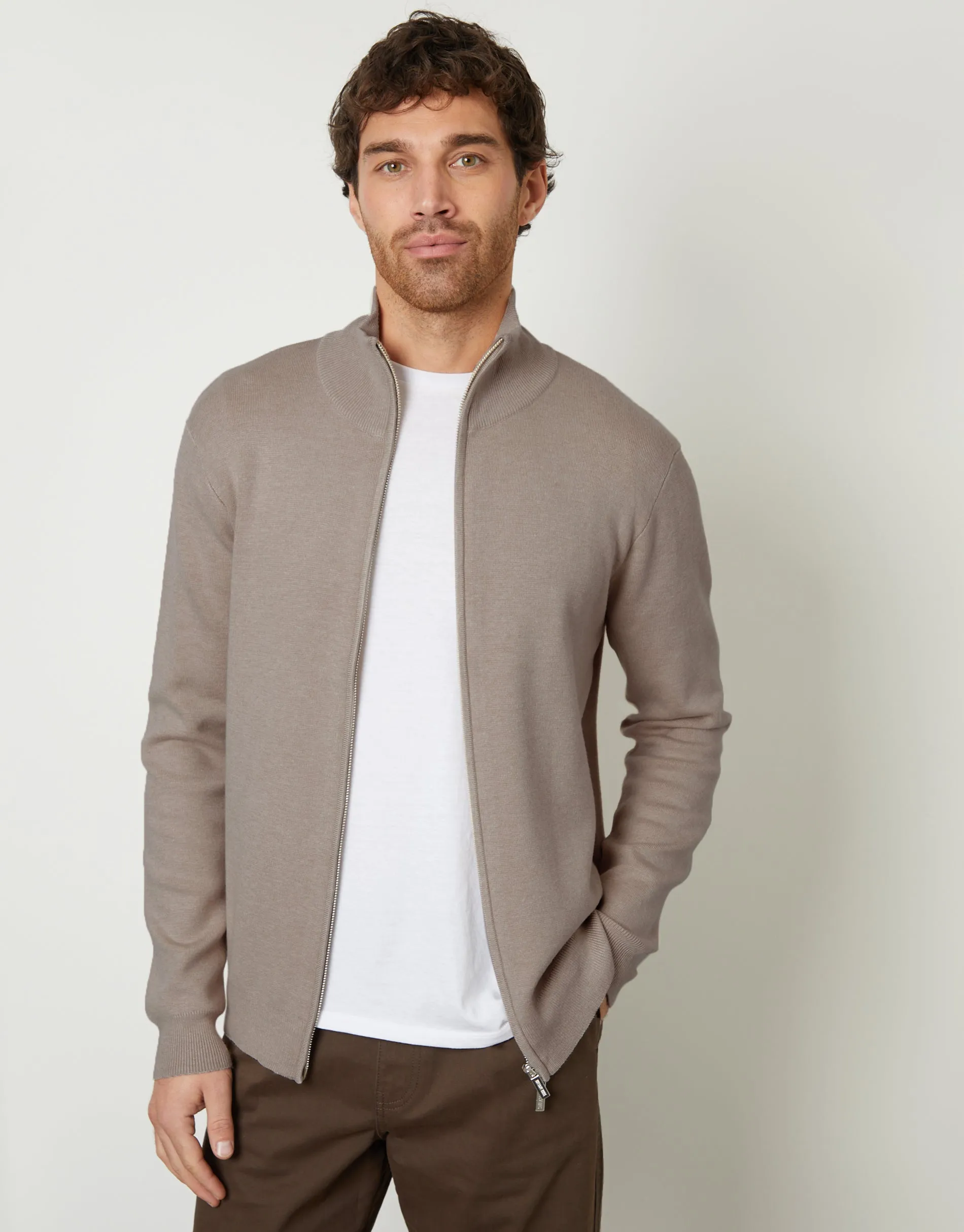 Taupe Zip-Through Funnel Neck Knitted Cardigan sold by Threadbare