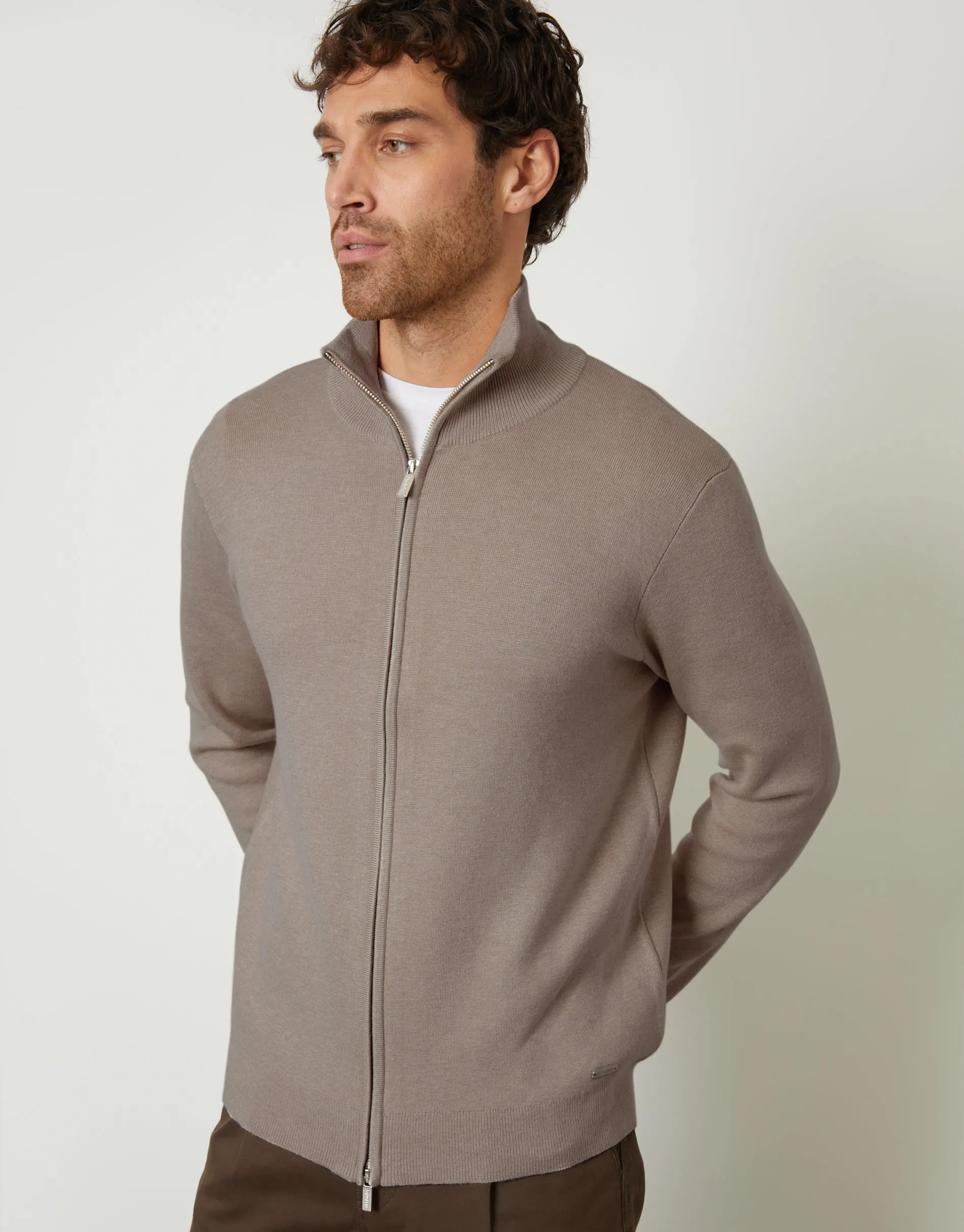 Taupe Zip-Through Funnel Neck Knitted Cardigan sold by Threadbare product image thumbnail 5