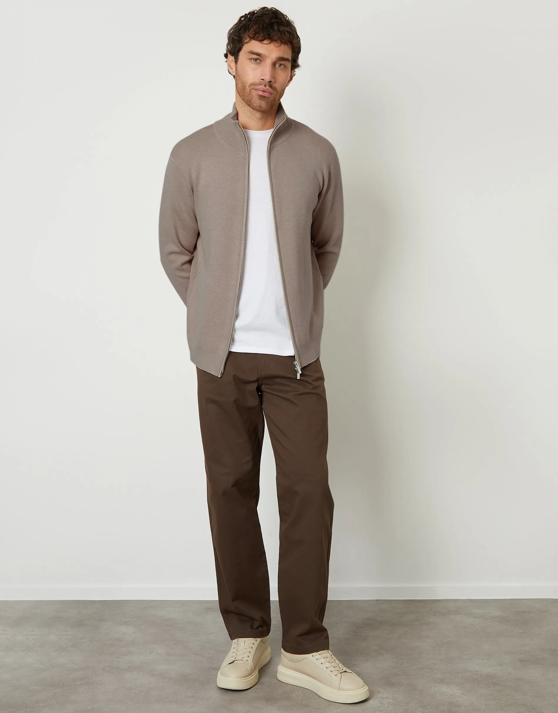 Taupe Zip-Through Funnel Neck Knitted Cardigan sold by Threadbare product image thumbnail 3